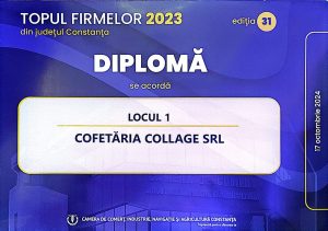 Diploma locul 1 CCINA - Cofetaria Collage Constanta